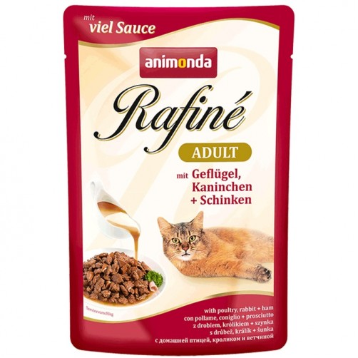 پوچ گربه Rafiné حاوی گوشت مرغ و خرگوش + ژامبون/ 100 گرمی